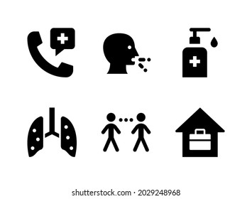 Simple Set Of Coronavirus Related Vector Solid Icons. Contains Icons As Cough, Lungs Infection, Physical Distancing, Work From Home And More.