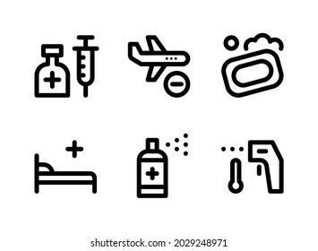 Simple Set of Coronavirus Related Vector Line Icons. Contains Icons as Vaccine, Travel Blocked, Soap, Bed and more.