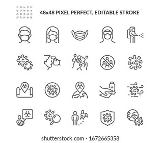 A koronavírus biztonságával kapcsolatos vektor vonal ikonok egyszerű készlete. 
Olyan ikonokat tartalmaz, mint a kézmosás, a kitörési térkép, az arcmaszkot viselő férfi és nő és még sok más. Szerkeszthető stroke. 48x48 Pixel tökéletes.