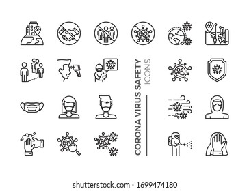 Simple Set of Coronavirus Safety Related Vector Line Icons. Contains such Icons as Washing Hands, Outbreak Map, Man and Woman Wearing Face Mask and more.