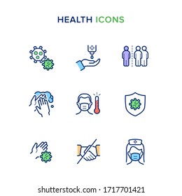 Simple Set of Coronavirus Safety Related Vector Icons. Contains such Icons as Virus, Washing Hands, Man and Woman Wearing Face Mask, Fever, Self-distancing, Virus Protection and more.