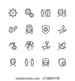 Simple Set of Coronavirus Safety Related Vector Outline Icons. Contains such Icons as Virus, Washing Hands, Man and Woman Wearing Face Mask, Fever, Self-distancing, Virus Protection and more.