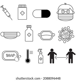 Simple Set of Coronavirus Safety Related Vector Line Icons. Face Mask, Social distancing, etc. Editable Stroke