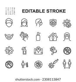 Simple Set of Coronavirus Safety Related Vector Line Icons. Contains such Icons as Washing Hands, Outbreak Map, Man and Woman Wearing Face Mask and more. Editable Stroke.