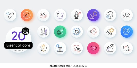 Simple set of Coronavirus spray, Cough and Thermometer line icons. Include Health eye, Vitamin e, Skin care icons. Use gloves, Electronic thermometer, Shield web elements. Social care. Vector