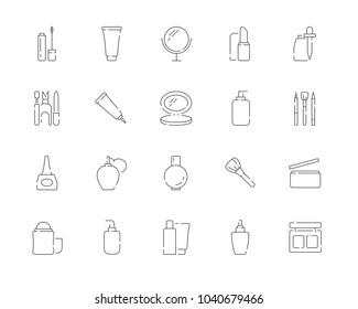 Simple set of Cosmetic products and Makeup vector line web icons. Contains such Icons as Lipstick, Eyeshadow, Oil, Cream and more. Editable Stroke. 48x48 Pixel Perfect.