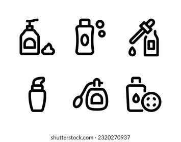 Conjunto simple de iconos de línea de vectores relacionados con la cosmética. Contiene íconos como Loción Corporal, Shampoo, Aceite Sérico y más.