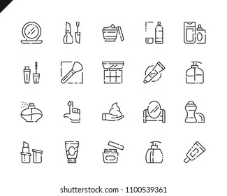Simple Set Cosmetics Line Icons for Website and Mobile Apps. Contains such Icons as Makeup Brush, Deodorant, Cream Bottle, Lipstick, Beauty. 48x48 Pixel Perfect. Vector illustration.