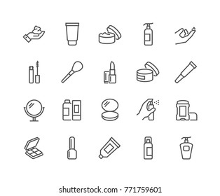 Simple Set of Cosmetics Related Vector Line Icons. 
Contains such Icons as Cream Bottle, Lipstick, Makeup Brush and more.
Editable Stroke. 48x48 Pixel Perfect. - Shutterstock ID 771759601