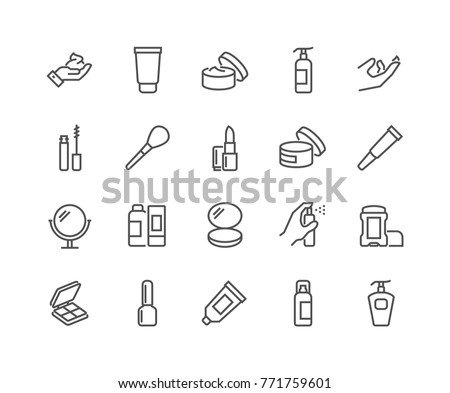 Simple Set of Cosmetics Related Vector Line Icons. 
Contains such Icons as Cream Bottle, Lipstick, Makeup Brush and more.
Editable Stroke. 48x48 Pixel Perfect.