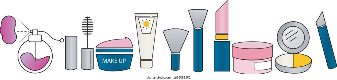 Simple set of cosmetics.This illustration contains a type of farfum, lipstick, suncreen, powder, etc.