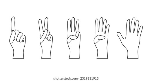 Simple conjunto de manos contadas mostrando diferentes gestos de silueta humana aislada en un fondo blanco. Ilustración vectorial plana de las manos contadas. Ilustración vectorial plana aislada