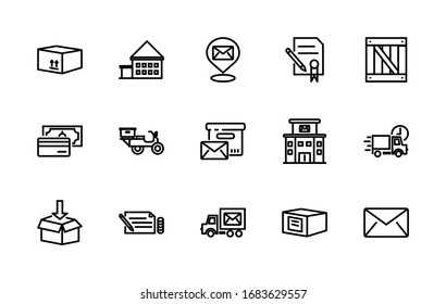 A simple set of courier-related vector line icons. Contains icons such as: parcel, letter, post office, courier delivery, packaging, and more. Editable Stroke. 48x48 pixels is perfect.