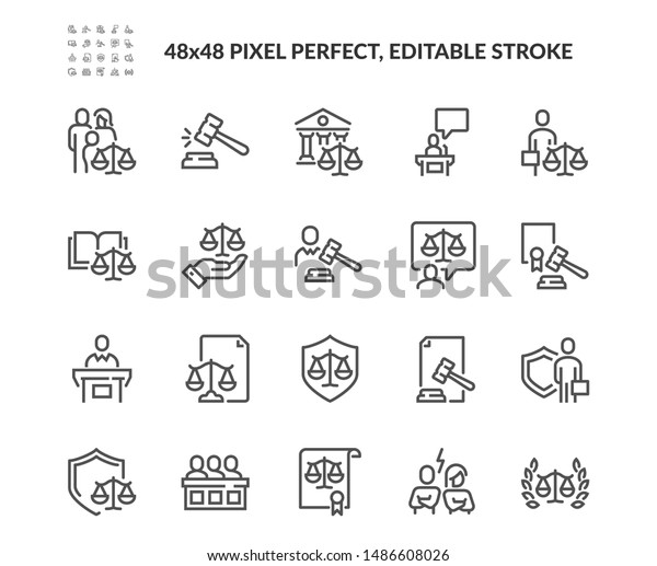 コート関連のベクター線アイコンの簡単なセット ハンマー 正義 弁護士などのアイコンが含まれています 編集可能なストローク 48 X 48ピクセルパーフェクト のベクター画像素材 ロイヤリティフリー