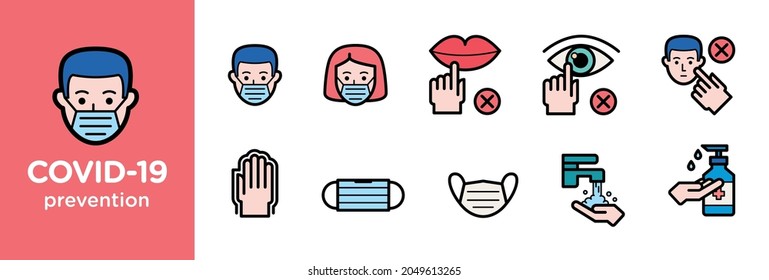 Simple Set of Covid-19 Colored Outline Icons. Icons as Protective, Coronavirus, Social Distancing, Symptoms, Treatment, Virus and prevention