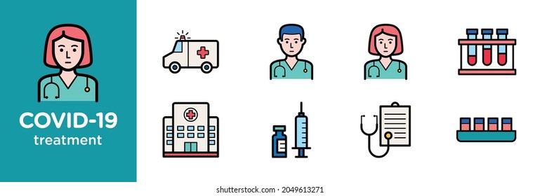Simple Set of Covid-19 Colored Outline Icons. Icons as Protective, Coronavirus, Social Distancing, Symptoms, Treatment, Virus and prevention