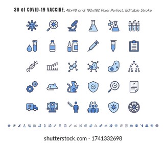 Simple Set of Covid-19, Coronavirus Vaccine Development Line Outline Icons. such Icons as Clinical Research, Antibody, Laboratory, Immune, Treatment, Injection, 48x4 Pixel Perfect. Editable Stroke.