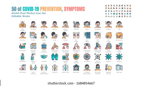 Simple Set of Covid-19 Prevention Filled Outline Icons. such Icons as Protective, Coronavirus, Social Distancing, Symptoms, Quarantine, Stay at Home, Hand Washing 64x64 Pixel Perfect. Editable Stroke.