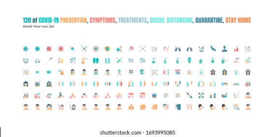 Einfache Sammlung von Covid-19-Präventions-Flachsymbole. z.B. Symbole wie Schutzmaßnahmen, Coronavirus, Hygienische Gesundheitsversorgung, soziale Distanzen, Handwaschen, Symptome, Quarantäne, Bleiben Sie zu Hause.