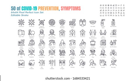 Simple Set of Covid-19 Prevention Line Outline Icons. such Icons as Protective Measures, Coronavirus, Social Distancing, Symptoms, Quarantine, Stay at Home. 64x64 Pixel Perfect. Editable Stroke.