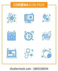 Conjunto simple de icono de Covid-19 Protection Blue 25 incluido reloj; noticias; registro; navegador; Fiebre coronavirus viral 2019-nov Enfermedad Vector Elementos de diseño