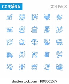 Einfache Zusammenstellung von Covid-19 Protection Blue 25 Icon Pack Symbol enthalten Kapsel; Zeit; Krankenhauszeichen; Puls; Beat virales Coronavirus 2019-nov Krankheit Vectordesign Elements