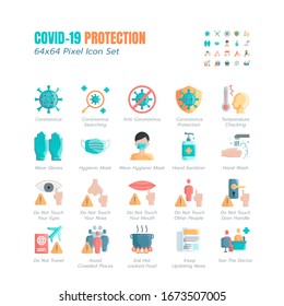 Simple Set of Covid-19 Protection Flat Icons. Icons as Guidance Protective Measures, Coronavirus Prevention, Hygienic Healthcare, Solution, Awareness, Hands Wash, Wear Face Mask etc. 64x64 Pixel