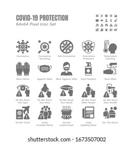 Simple Set of Covid-19 Protection Solid Glyph Icons. Icons as Guidance Protective Measures, Coronavirus Prevention, Hygienic Healthcare, Solution, Awareness, Hands Wash, Wear Mask etc. 64x64 Pixel.