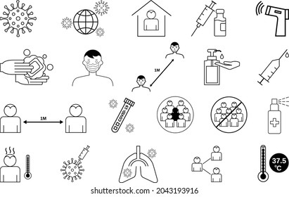 Conjunto simple de iconos de contorno de línea de vectores relacionados Covid-19. Se incluyen iconos como las Pautas de Seguridad del Coronavirus, Máscara de Viento, Lavarse las manos, Usar angilización, Distancia Social y Vacunación.