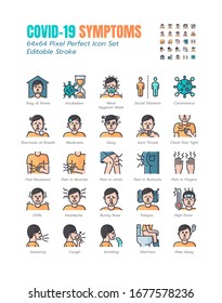 Simple Set of Covid-19 Symptoms Filled Outline Icons. such Icons as Cough, Sore Throat, Vomiting, Social Distance, Coronavirus, Stay at Home, Incubation etc. 64x64 Pixel Perfect. Editable Stroke.
