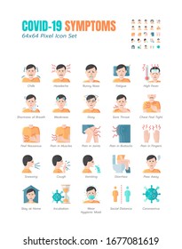 Simple Set of Covid-19 Symptoms Flat Icons. such Icons as Cough, Sore Throat, Vomiting, Shortness of Breath, Coronavirus, Stay at Home, Incubation, Stay at Home, Social Distance etc. 64x64 Pixel.