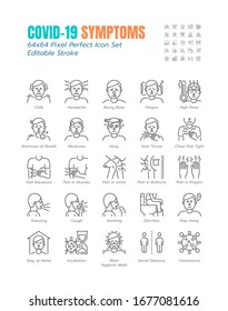 Simple Set Of Covid-19 Symptoms Line Outline Icons. Such Icons As Cough, Sore Throat, Vomiting, Shortness Of Breath, Coronavirus, Stay At Home, Incubation Etc. 64x64 Pixel Perfect. Editable Stroke.
