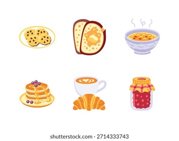 Einfache Set von gemütlichen Winter ähnliche bunte Symbole. Enthält Symbole als Cookies, Brot, Suppe, Pfannkuchen, Croissant, Marmeladenglas.