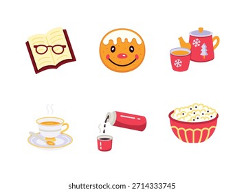 Conjunto simple de iconos coloridos relacionados con el invierno acogedor. Contiene iconos como libro abierto, galleta de jengibre, tetera, taza de té, termo, palomitas de maíz