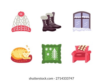 Einfache Set von gemütlichen Winter ähnliche bunte Symbole. Enthält Symbole wie Strickmütze, warme Stiefel, verschneiten Fenster, Katze schlafend, weiches Kissen, Sessel.