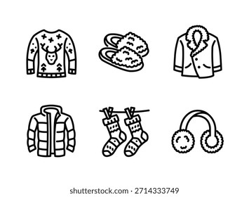 Conjunto simple de iconos de línea relacionados con el invierno acogedor. Contiene iconos como suéter, zapatillas borrosas, chaqueta de piel, abrigo de invierno, calcetines colgantes, orejeras.