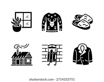 Simple Set of Cozy Winter Related Solid Icons. Contains Icons as Indoor Plant, Sweater, Fuzzy Slippers, Wooden Cabin, Sled, Winter Coat.