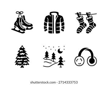 Conjunto simple de iconos sólidos relacionados con el invierno acogedor. Contiene iconos como zapatos de patinaje sobre hielo, chaqueta, calcetines colgantes, árbol de pino, noche de luz de la luna, orejeras.