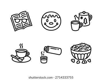 Conjunto simple de iconos de línea relacionados con el invierno acogedor. Contiene iconos como libro abierto, galleta de jengibre, tetera, taza de té, termo, palomitas de maíz
