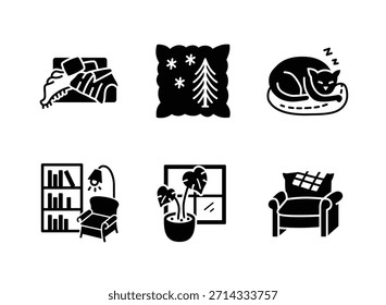 Simple Set of Cozy Winter Related Solid Icons. Contains Icons as Warm Bed, Soft Pillow, Cat Sleeping, Reading Nook, Indoor Plant, Armchair.