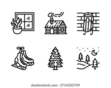 Simple Set of Cozy Winter Related Line Icons. Contains Icons as Indoor Plant, Wooden Cabin, Sled, Ice Skating Shoes, Pine Tree, Forest Night