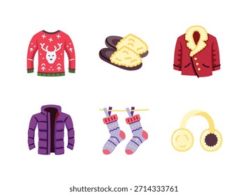 Conjunto simple de iconos coloridos relacionados con el invierno acogedor. Contiene iconos como suéter, zapatillas borrosas, chaqueta de piel, abrigo de invierno, calcetines colgantes, orejeras.