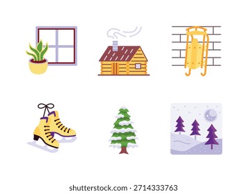 Simple Set of Cozy Winter Related Colorful Icons. Contains Icons as Indoor Plant, Wooden Cabin, Sled, Ice Skating Shoes, Pine Tree, Forest Night