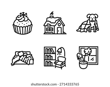 Simple Set of Cozy Winter Related Line Icons. Contains Icons as Cupcake, Snow Roof, Dog in Blanket, Warm Bed, Reading Nook, Indoor Plant.