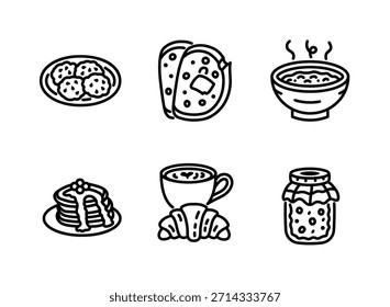 Einfache Reihe von gemütlichen Winter ähnliche Linie Symbole. Enthält Symbole als Cookies, Brot, Suppe, Pfannkuchen, Croissant, Marmeladenglas.