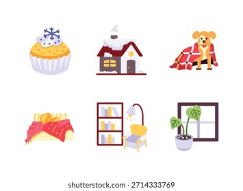 Simple Set of Cozy Winter Related Colorful Icons. Contains Icons as Cupcake, Snow Roof, Dog in Blanket, Warm Bed, Reading Nook, Indoor Plant.