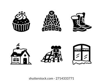Conjunto simple de iconos sólidos relacionados con el invierno acogedor. Contiene iconos como Cupcake, sombrero de punto, bota caliente, techo de nieve, perro en manta, ventana nevada.