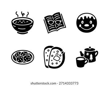 Einfache Set von gemütlichen Winter verwandten Solid Icons. Enthält Symbole wie Suppe, Buch, Lebkuchen Cookie, Cookies, Brot, Teekanne.