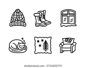 Einfache Reihe von gemütlichen Winter ähnliche Linie Symbole. Enthält Symbole wie Strickmütze, warme Stiefel, verschneiten Fenster, Katze schlafend, weiches Kissen, Sessel.