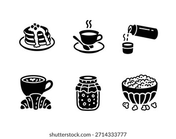 Conjunto simple de iconos sólidos relacionados con el invierno acogedor. Contiene iconos como panqueques, taza de té, termo, cruasán, tarro de mermelada, palomitas de maíz.